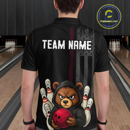 Custom American Flag Bear Bowling Men Polo & 1/4 Zip Shirts Bowling Team Jerseys HNT90