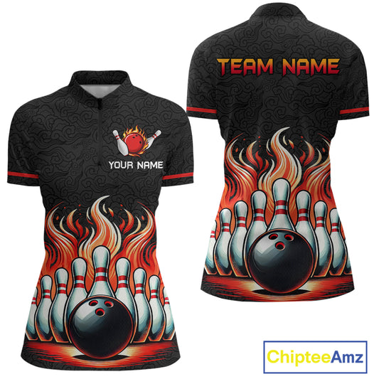 Flame Bowling Custom Women Bowling Shirt Polo & Quarter-Zip Bowling Team Jerseys HNT56