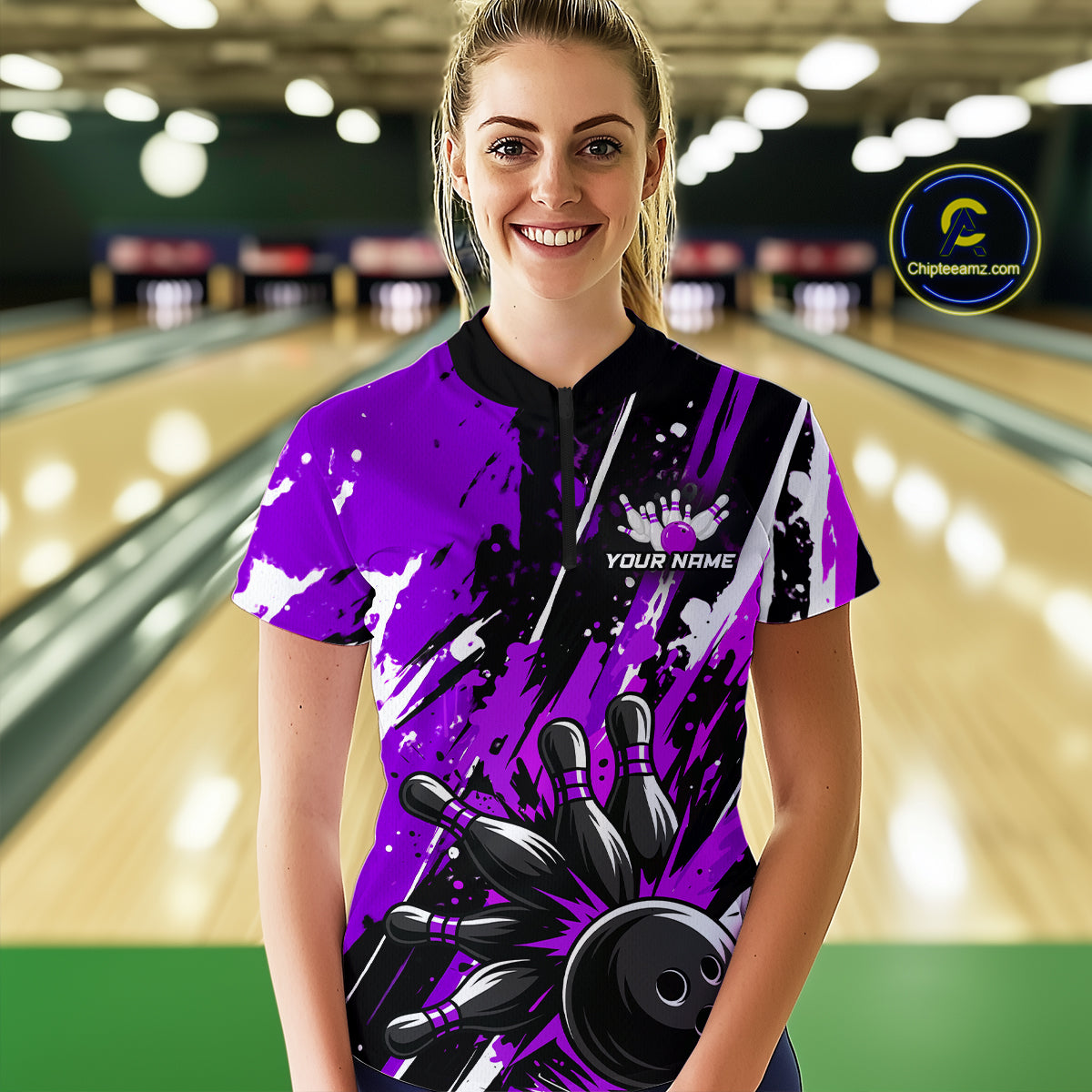 Custom Purple Bowling Jersey for Women Bowling Uniform Polo & 1/4 Zip Bowling Team Shirts HNT105