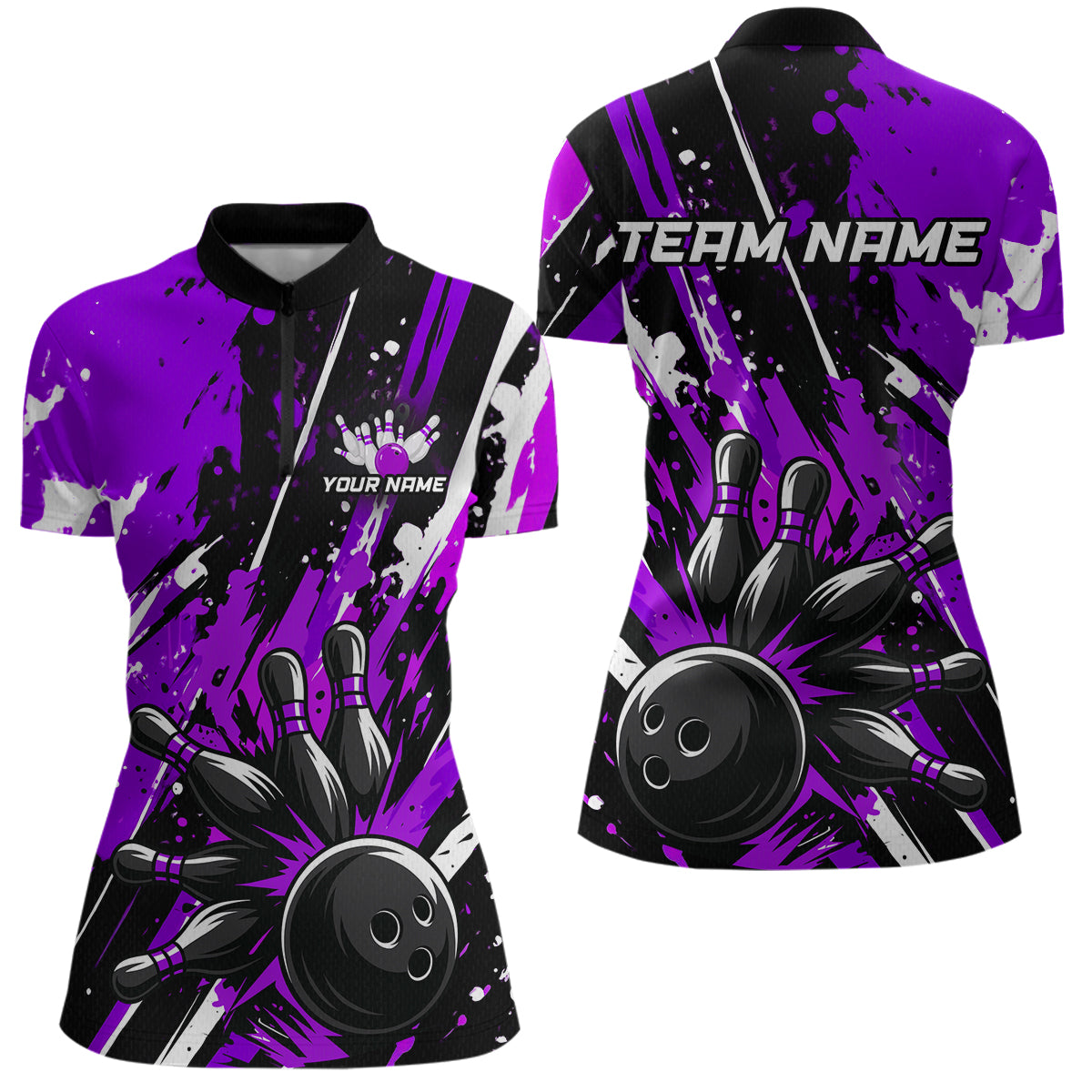 Custom Purple Bowling Jersey for Women Bowling Uniform Polo & 1/4 Zip Bowling Team Shirts HNT105