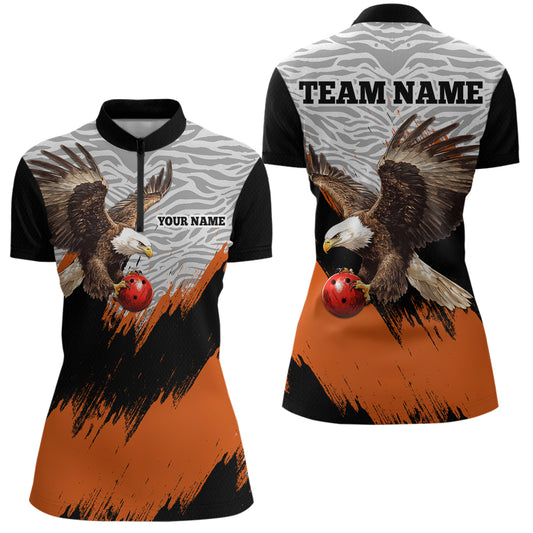 Custom Name Orange Eagle Bowling Shirt Bowling Jersey for Women Polo & 1/4 Zip Shirt Team League HNT07