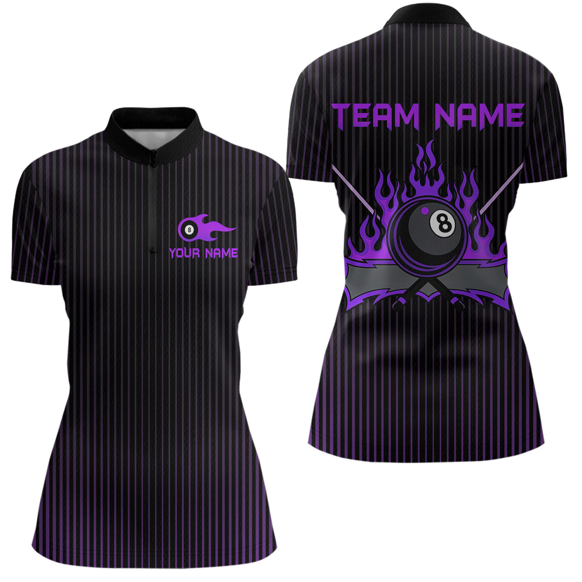 Custom Purple 8 Ball Flame Billiard Shirts for Women, Billiard Team Polo & 1/4 Zip Shirts NNT62