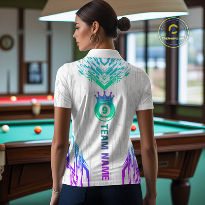Custom White 9 Ball Crown Neon Billiard Shirts for Women Billiard Team Shirts Billiard League NNT74