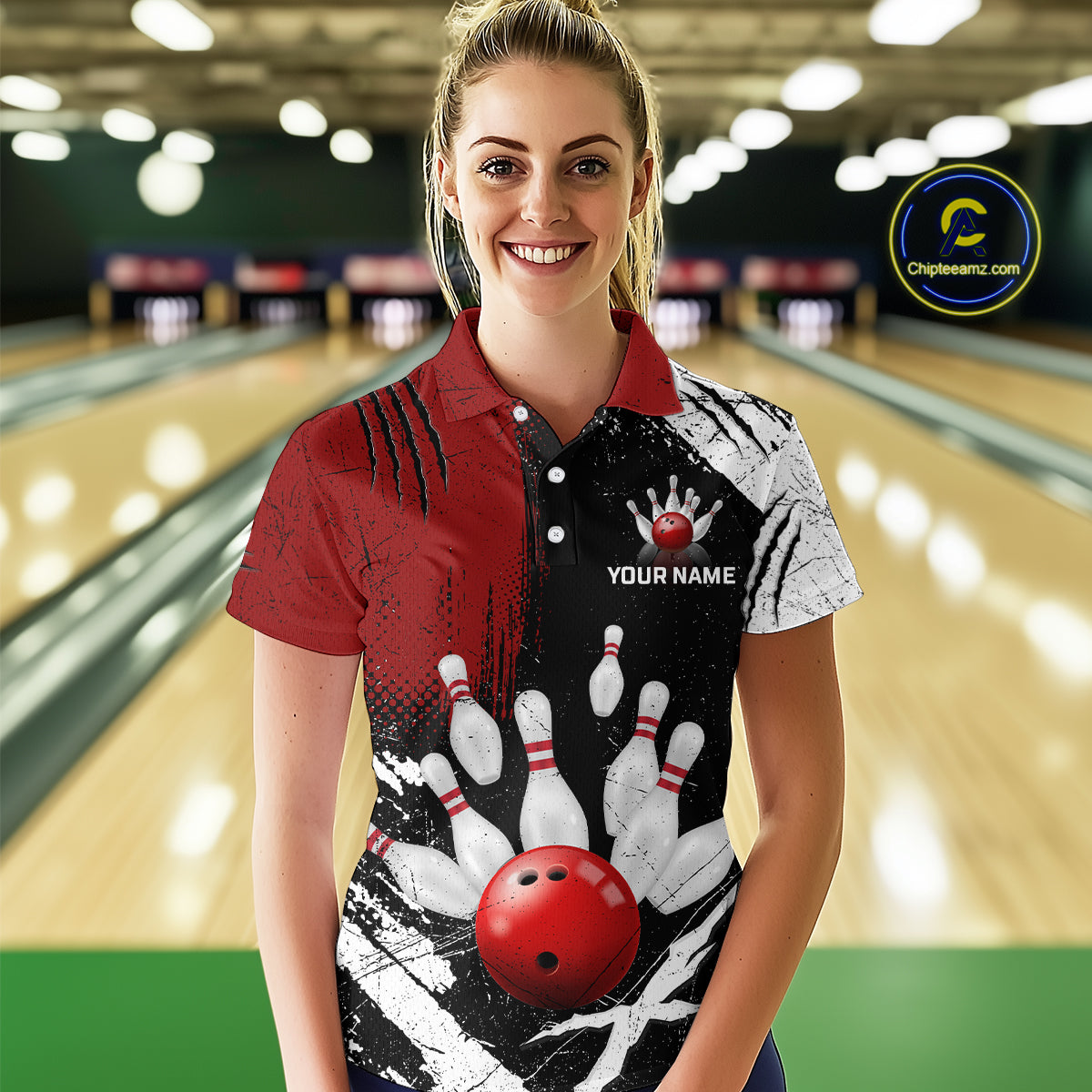 Custom Red Bowling Shirts for Women Polo & Quarter-Zip Bowling Team Bowling League HNT83
