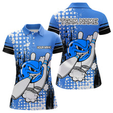 Load image into Gallery viewer, Personalized Blue Funny Crazy Bowling Shirt for Women Polo &amp; Quarter-Zip Bowling Jersey with Team HNT03