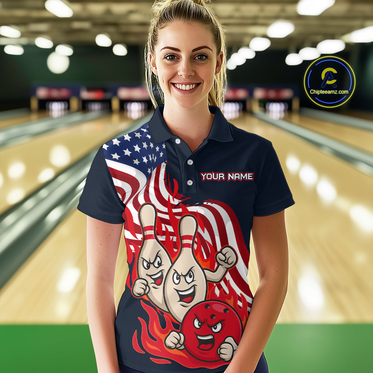 Custom American Flag Bowling Women Polo & 1/4 Zip Shirts Funny Flame Bowling Team Jerseys HNT92
