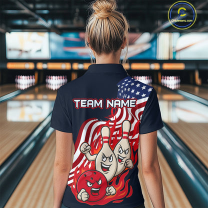 Custom American Flag Bowling Women Polo & 1/4 Zip Shirts Funny Flame Bowling Team Jerseys HNT92