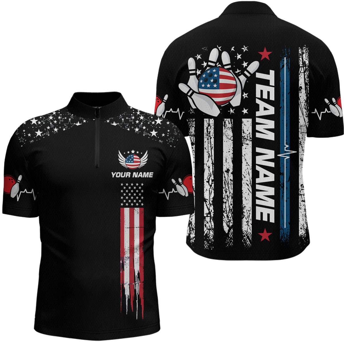 American Flag Bowling Custom Men Bowling Shirt Polo & Quarter-Zip Bowling Team Jerseys HNT54
