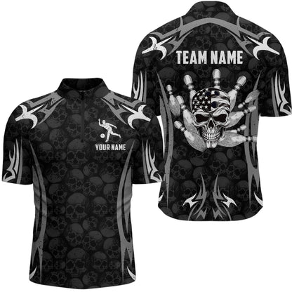 Skull Bowling Shirt for Men Personalized Patriotic Bowling Team Jersey Shirts Polo & Quarter-Zip HNT32