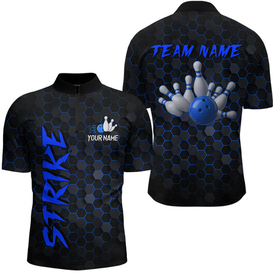 Custom Strike Blue Bowling Men Bowling Shirt Polo & Quarter-Zip Bowling Team Jerseys HNT79