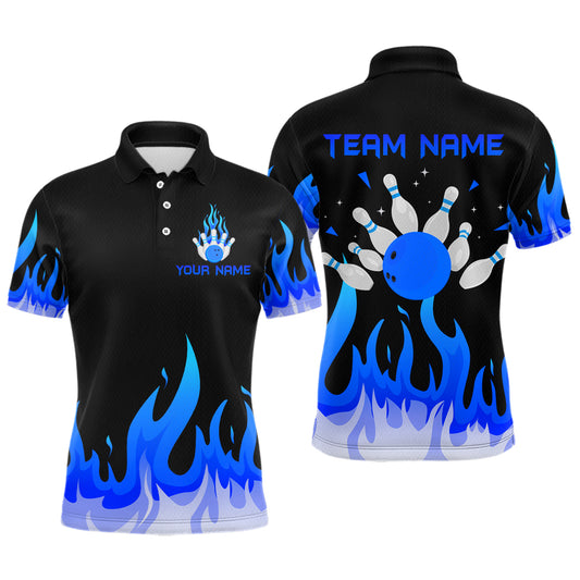 Custom Blue Flame Bowling Shirts for Men Polo & Quarter-Zip Bowling Team Jerseys HNT82