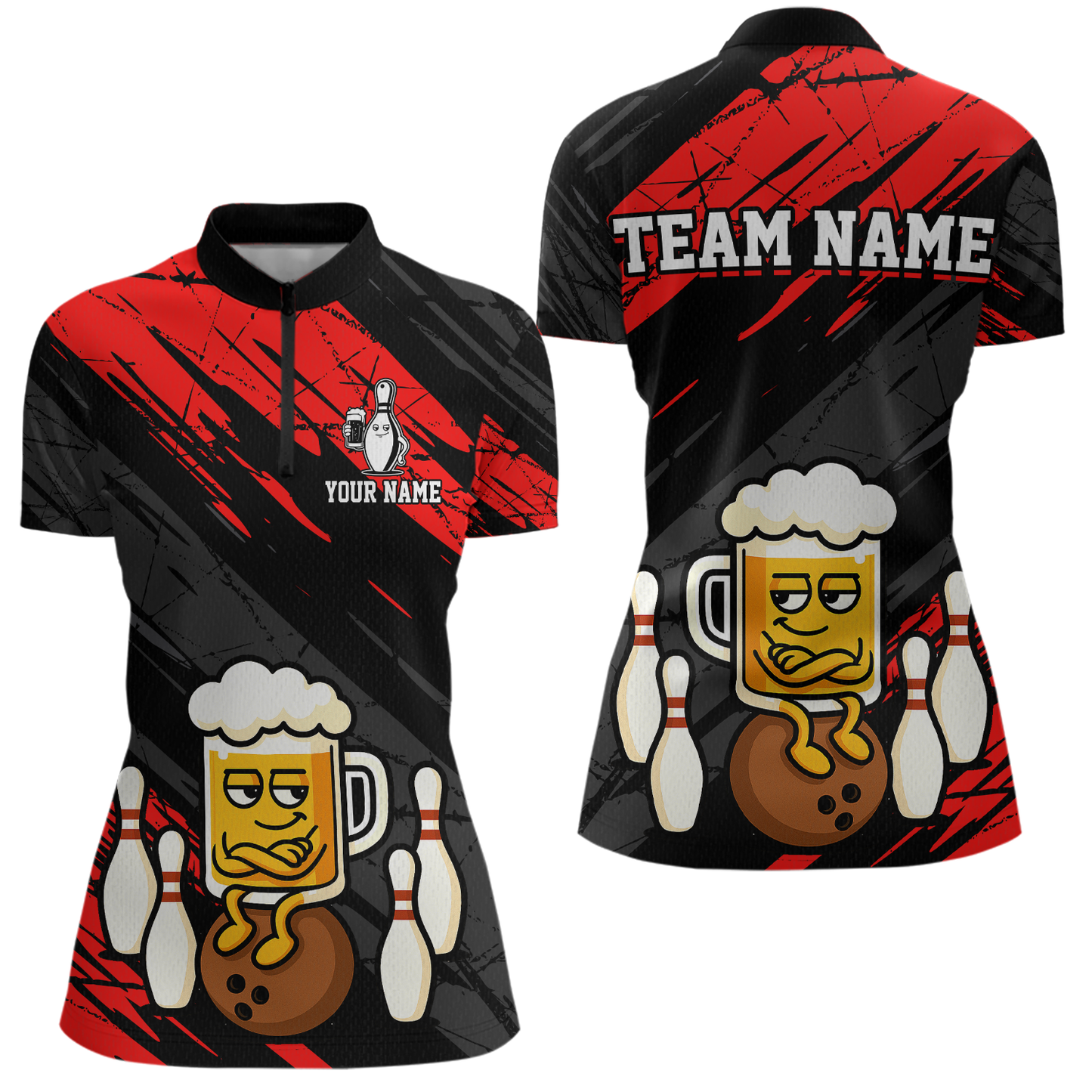 Custom Red Funny Beer Bowling Jersey for Women Bowling Uniform Polo & 1/4 Zip Bowling Team Shirts HNT107