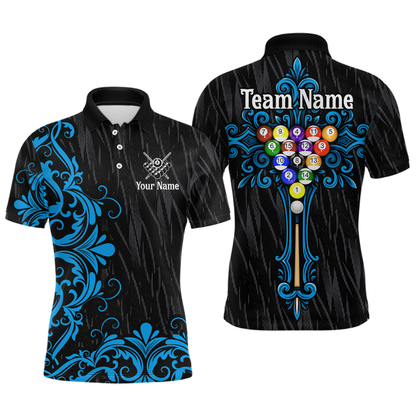 Custom Blue Baroque Pattern Ball Pool Billiard Shirts for Men Team Polo & 1/4 Zip Shirts NNT60