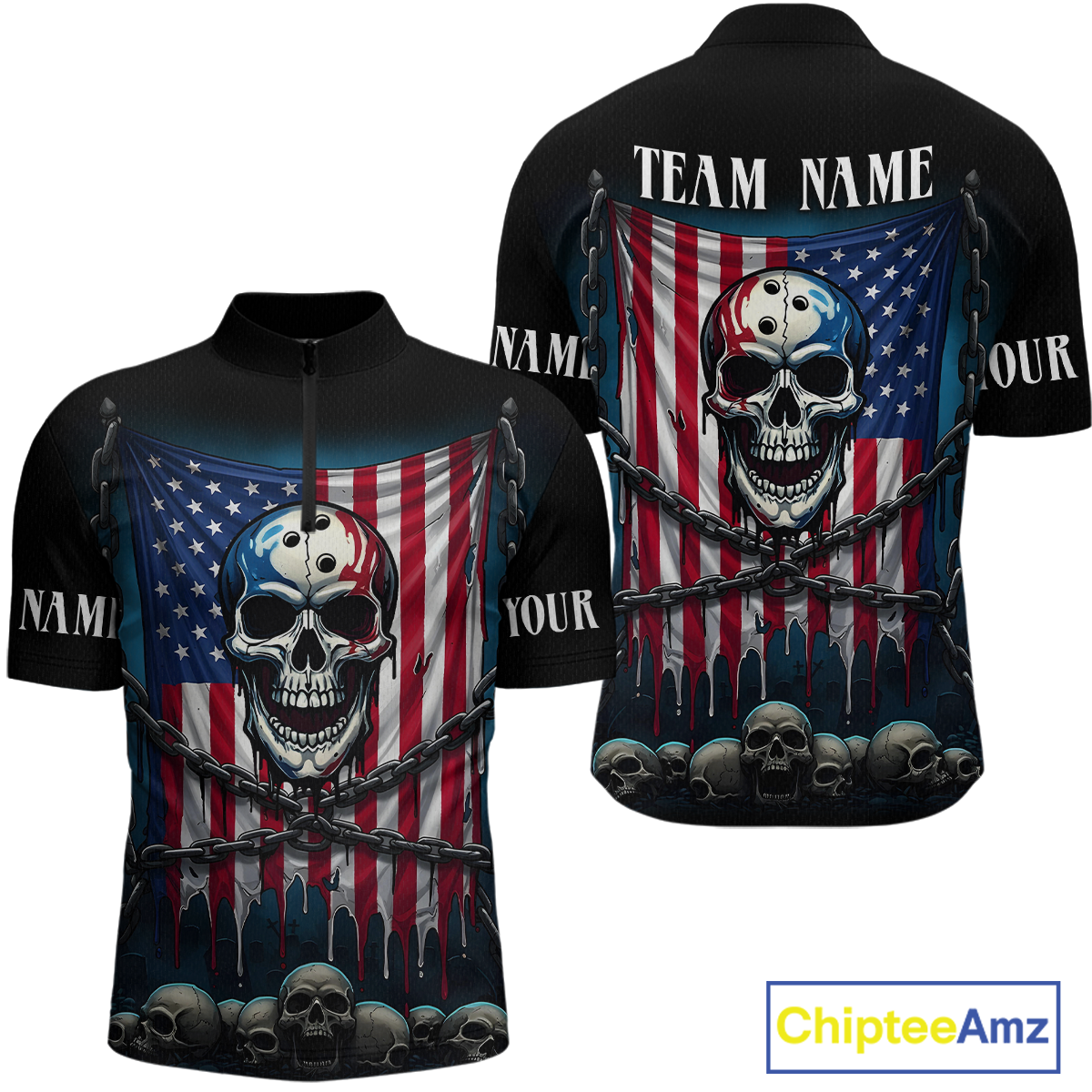 US Flag Skull Bowling Custom Men Bowling Shirt Polo & Quarter-Zip Bowling Team Shirts HNT74