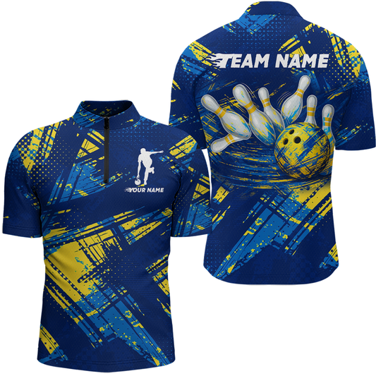 Custom Blue Yellow Bowling Jersey for Men Bowling Uniform Polo & 1/4 Zip Bowling Team Shirts HNT122
