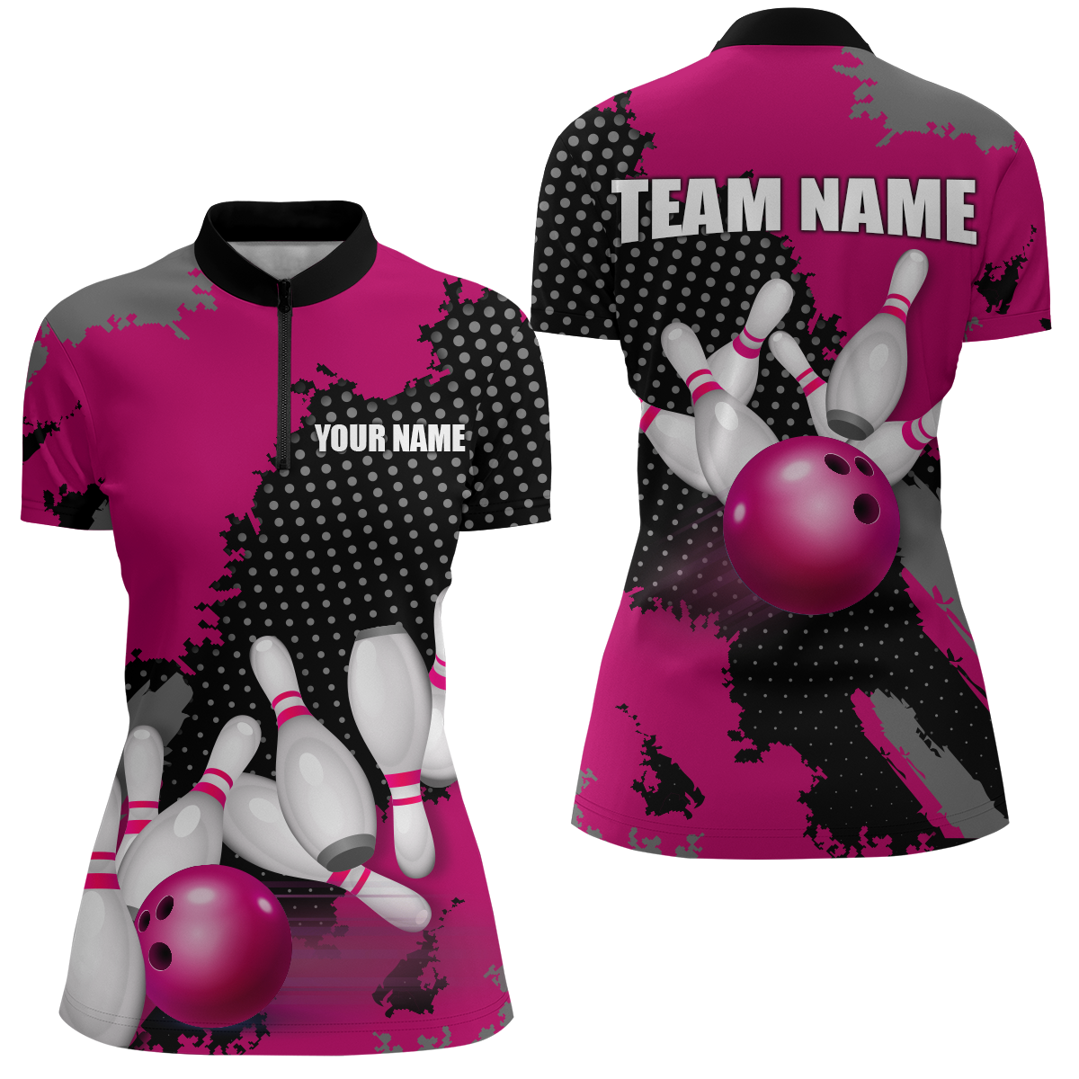 Pink Bowling Jersey Men Women Custom Bowling Team Shirts Unisex Bowling Polo Quarter-zip CP27