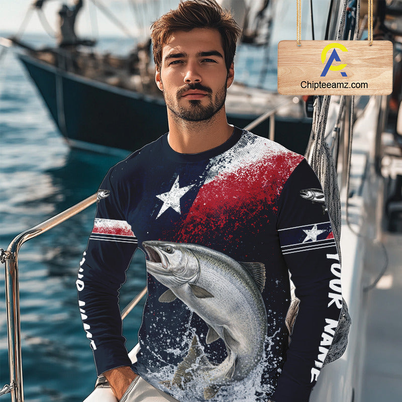 Custom Vintage Chinook Salmon Long Sleeve Patriotic Fishing Shirt For Men, Salmon Texas Flag Fishing Shirt NHT765