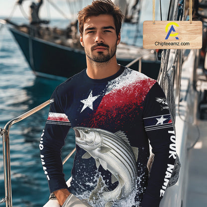 Custom Vintage Striped Bass Long Sleeve Patriotic Fishing Shirt For Men, Bass Texas Flag Fishing Shirt NHT768