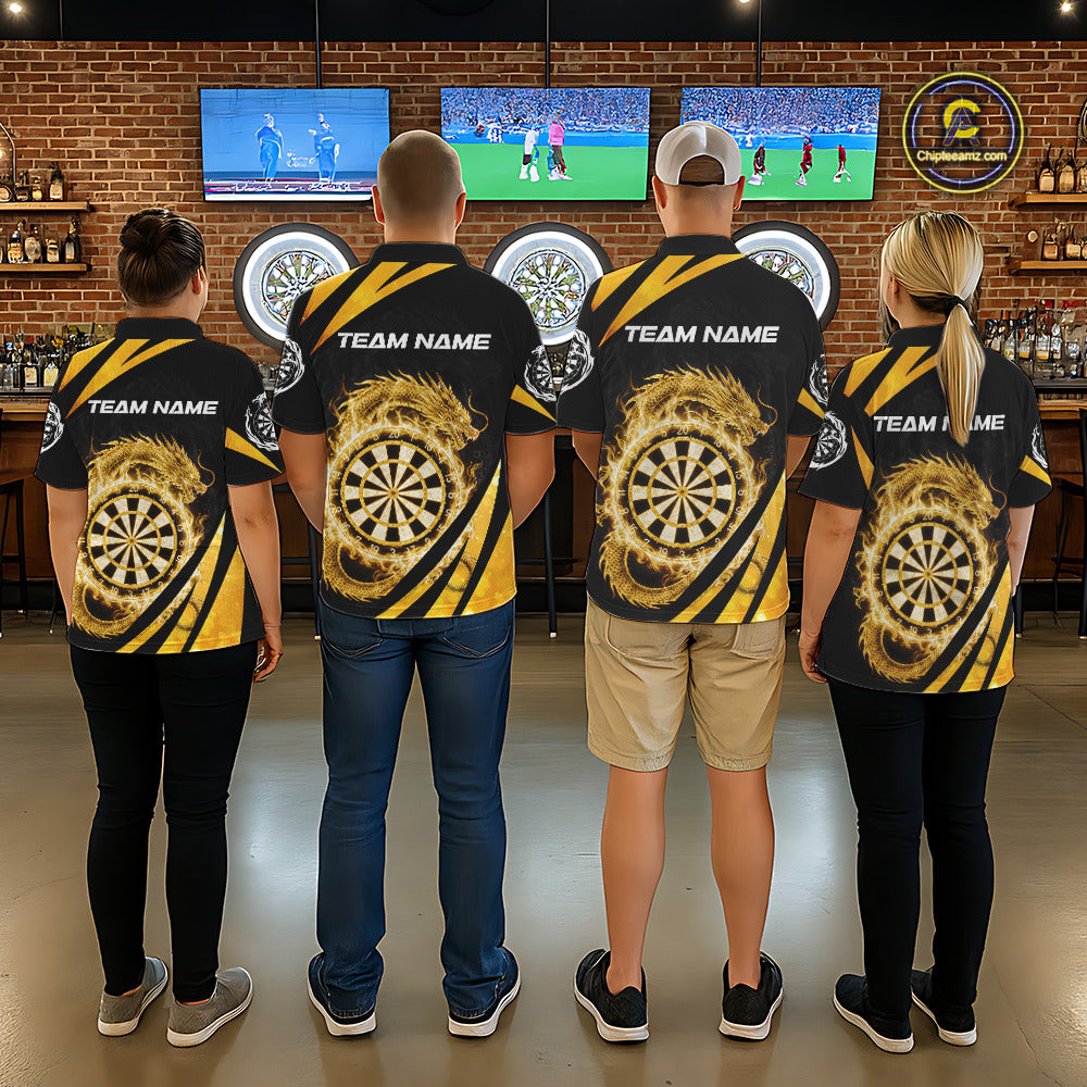 Gold Flames Dragon Dartboard Men Darts Polo Shirt Custom Dragon Team Dart League Shirt NYN2068