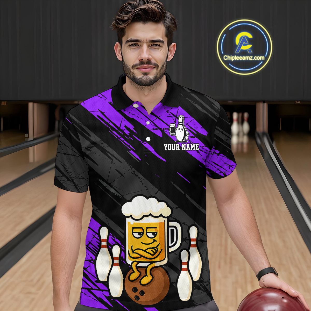 Custom Purple Funny Beer Bowling Jersey for Men Bowling Uniform Polo & 1/4 Zip Bowling Team Shirts HNT107