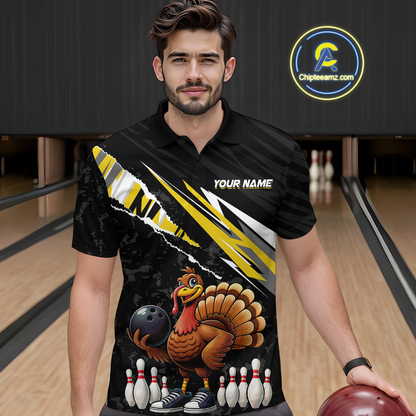 Custom Yellow Funny Turkey Bowling Jersey for Men Thanksgiving Bowling Shirts Polo & 1/4 Zip HNT117