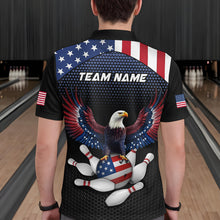 Load image into Gallery viewer, Man wearing custom american flag with eagle bowling polo shirt, back view mockup, personalized bowling league jersey.