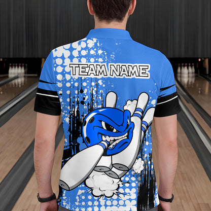 Personalized Blue Funny Crazy Bowling Shirt for Men Polo & Quarter-Zip Bowling Jersey with Team HNT03