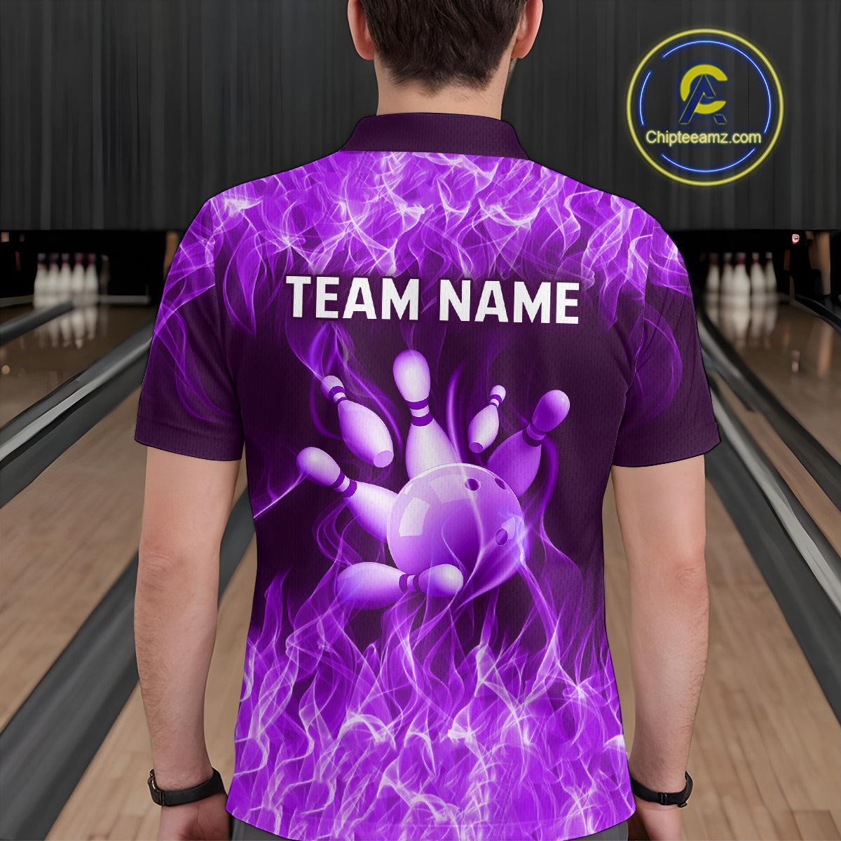 Custom Purple Flame Bowling Jersey for Men Polo & 1/4 Zip Bowling Team Shirts Bowling League HNT150