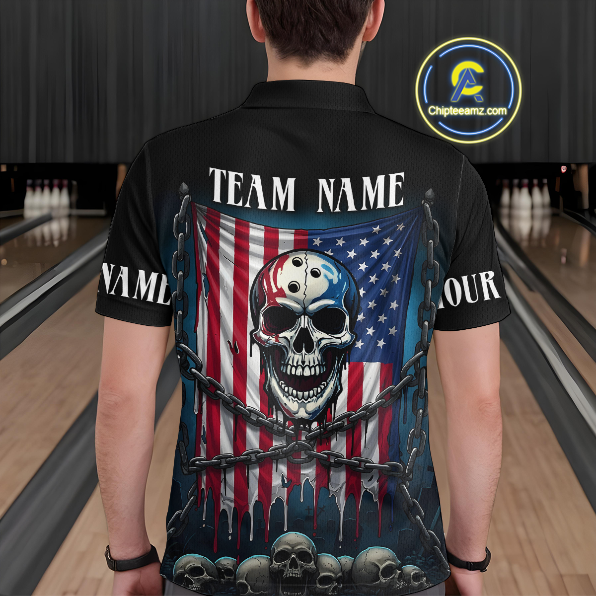 US Flag Skull Bowling Custom Men Bowling Shirt Polo & Quarter-Zip Bowling Team Shirts HNT74