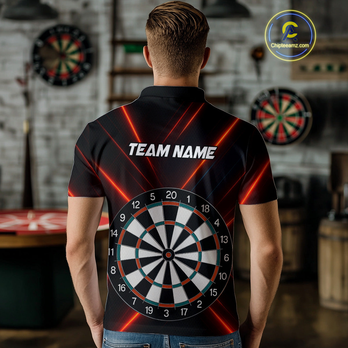 Men's Personalized Darts Shirt With Red Laser Streaks And Dual Dartboards NYN0268