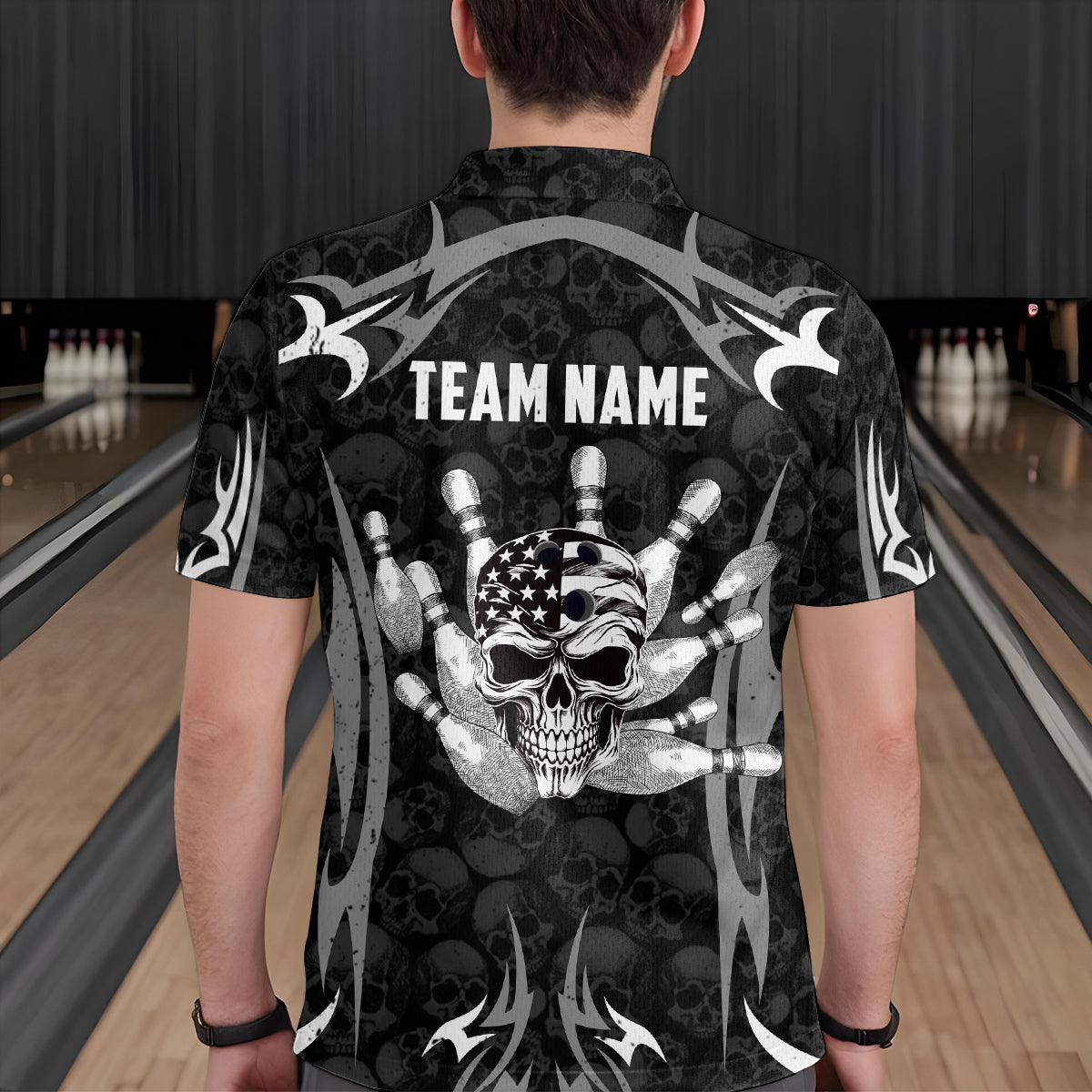 Skull Bowling Shirt for Men Personalized Patriotic Bowling Team Jersey Shirts Polo & Quarter-Zip HNT32