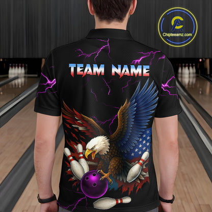 Purple Thunder US Flag Eagle Bowling Shirts for Men Team Bowling Polo & Quarter-Zip HNT96