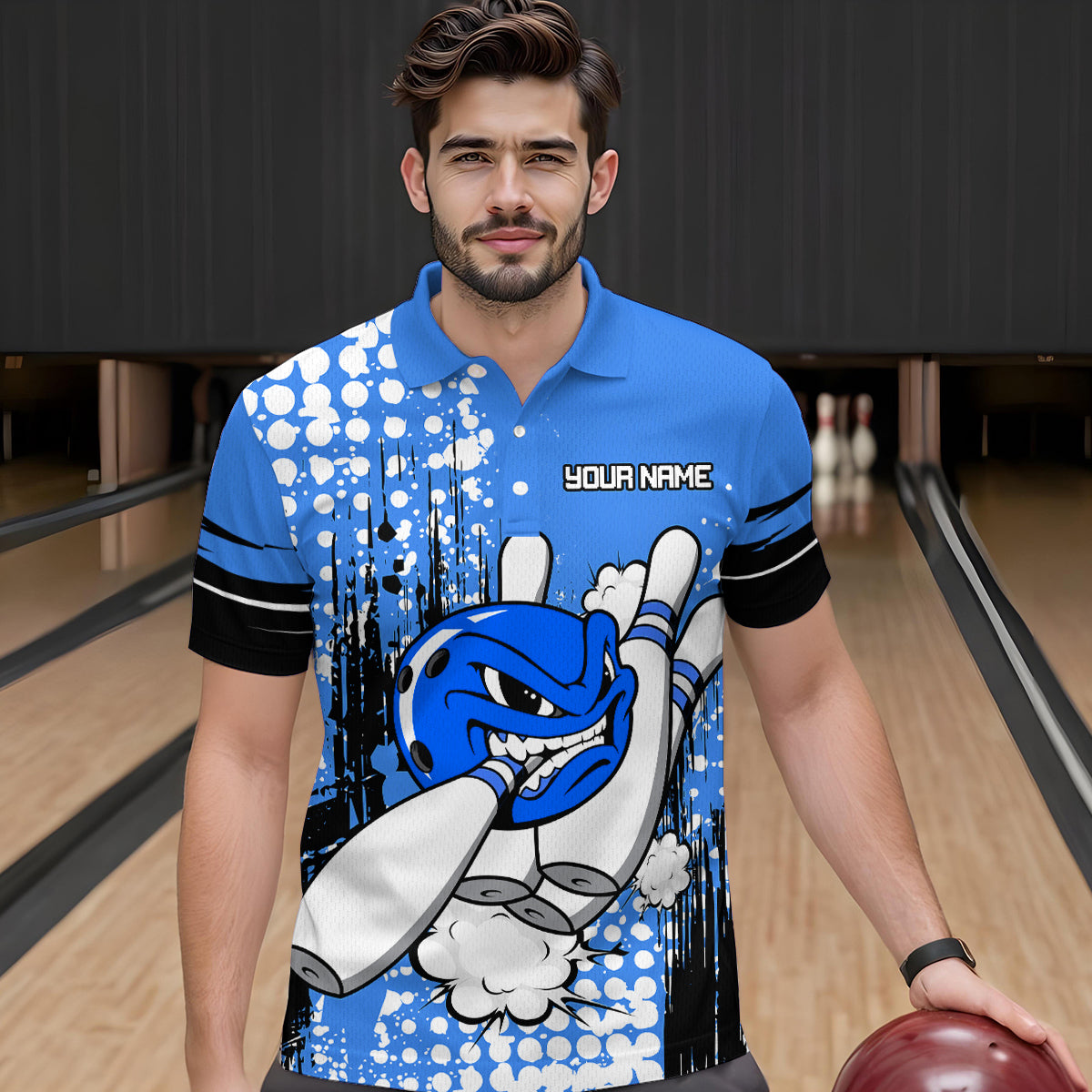 Personalized Blue Funny Crazy Bowling Shirt for Men Polo & Quarter-Zip Bowling Jersey with Team HNT03