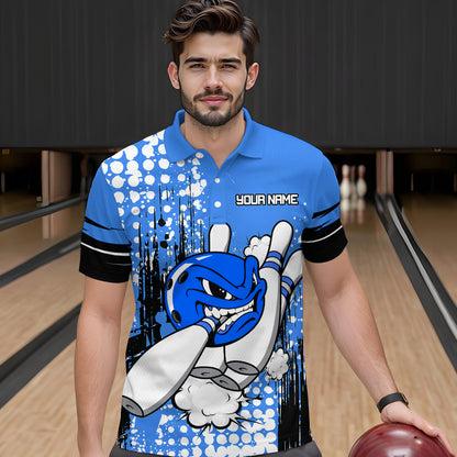 Personalized Blue Funny Crazy Bowling Shirt for Men Polo & Quarter-Zip Bowling Jersey with Team HNT03