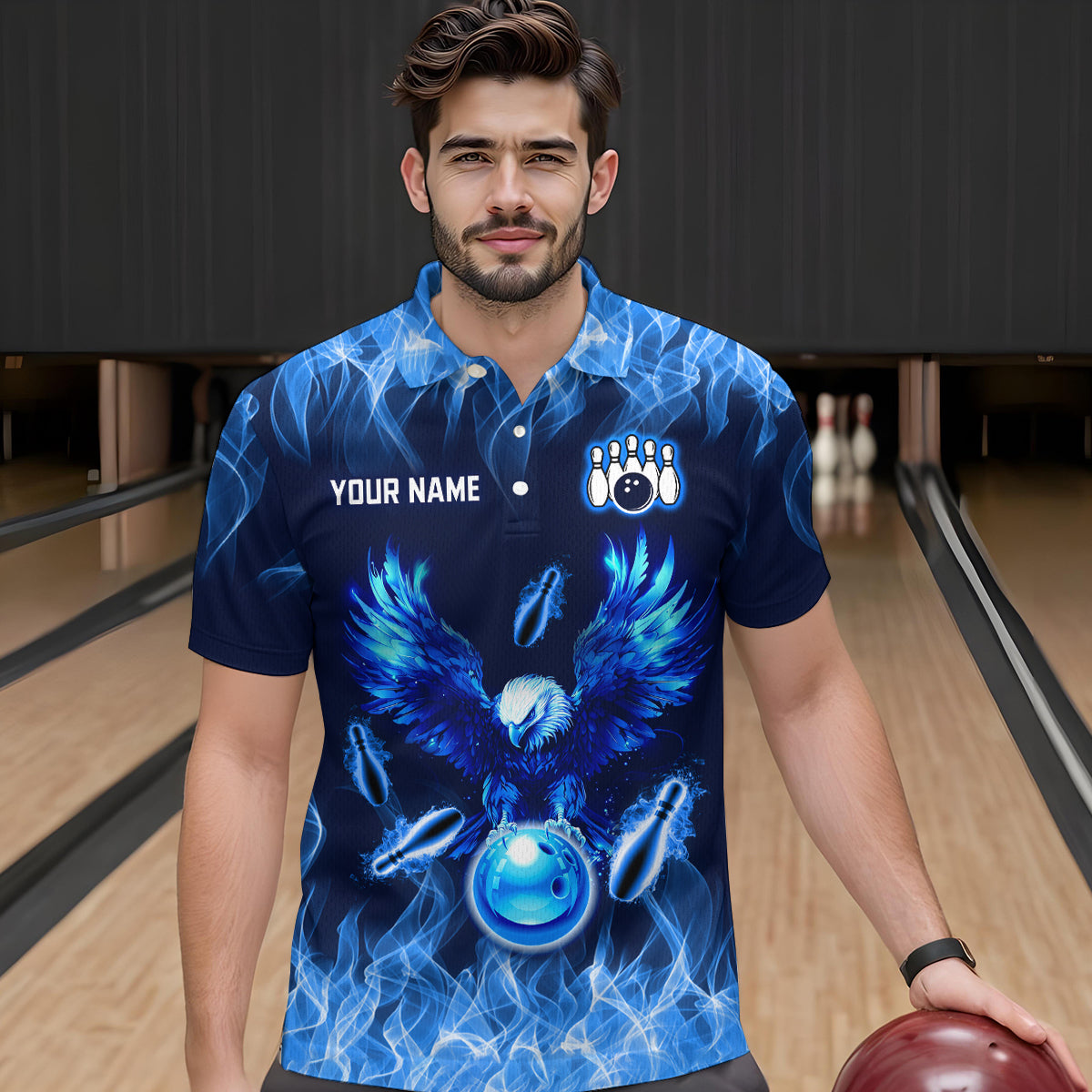 Blue Flame Eagle Custom Bowling Team Shirts For Men Fire Bowling League Polo & 1/4 Zip Shirt HNT09