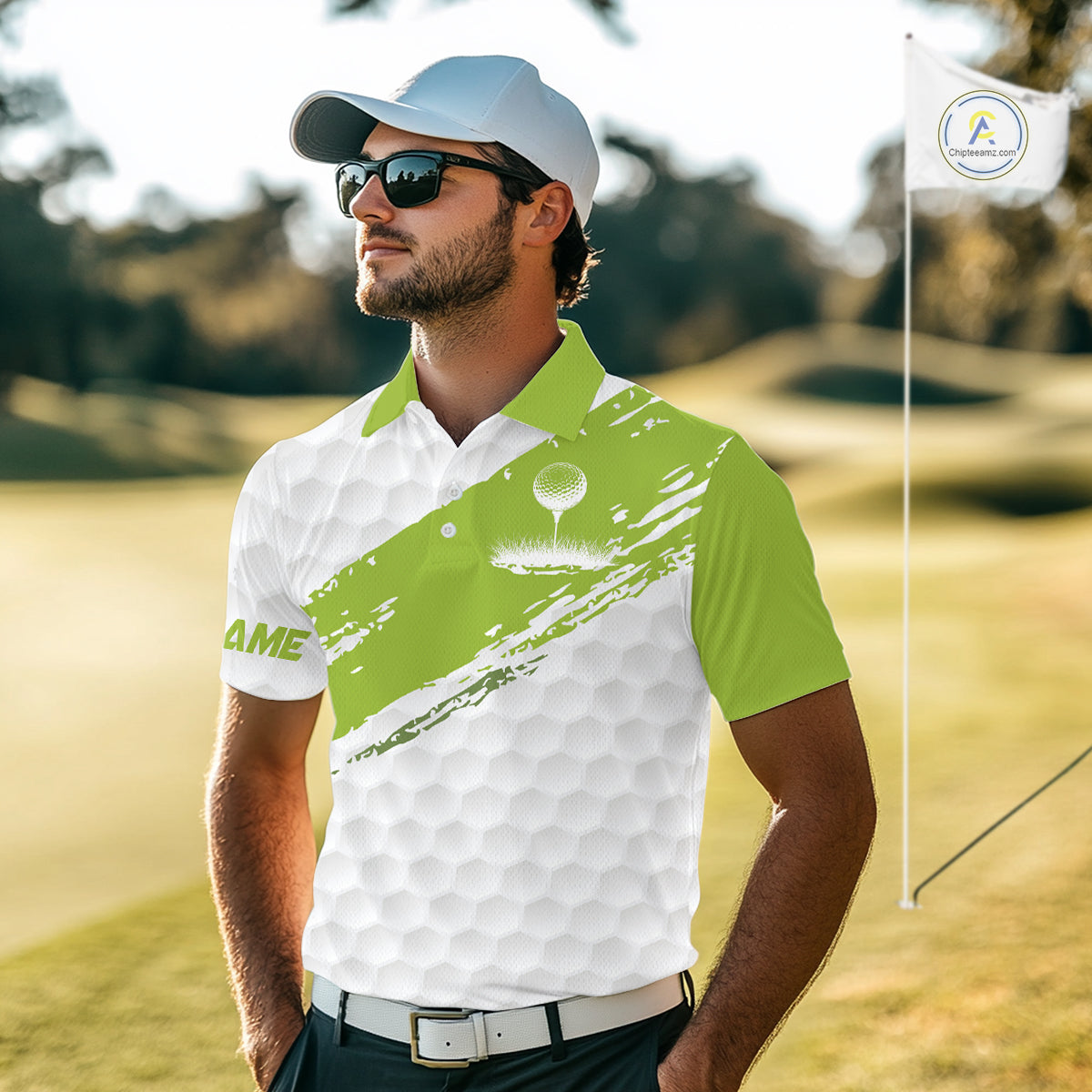 Green and White golf ball pattern Mens golf polo shirts custom team name mens golf clothes NQS9974