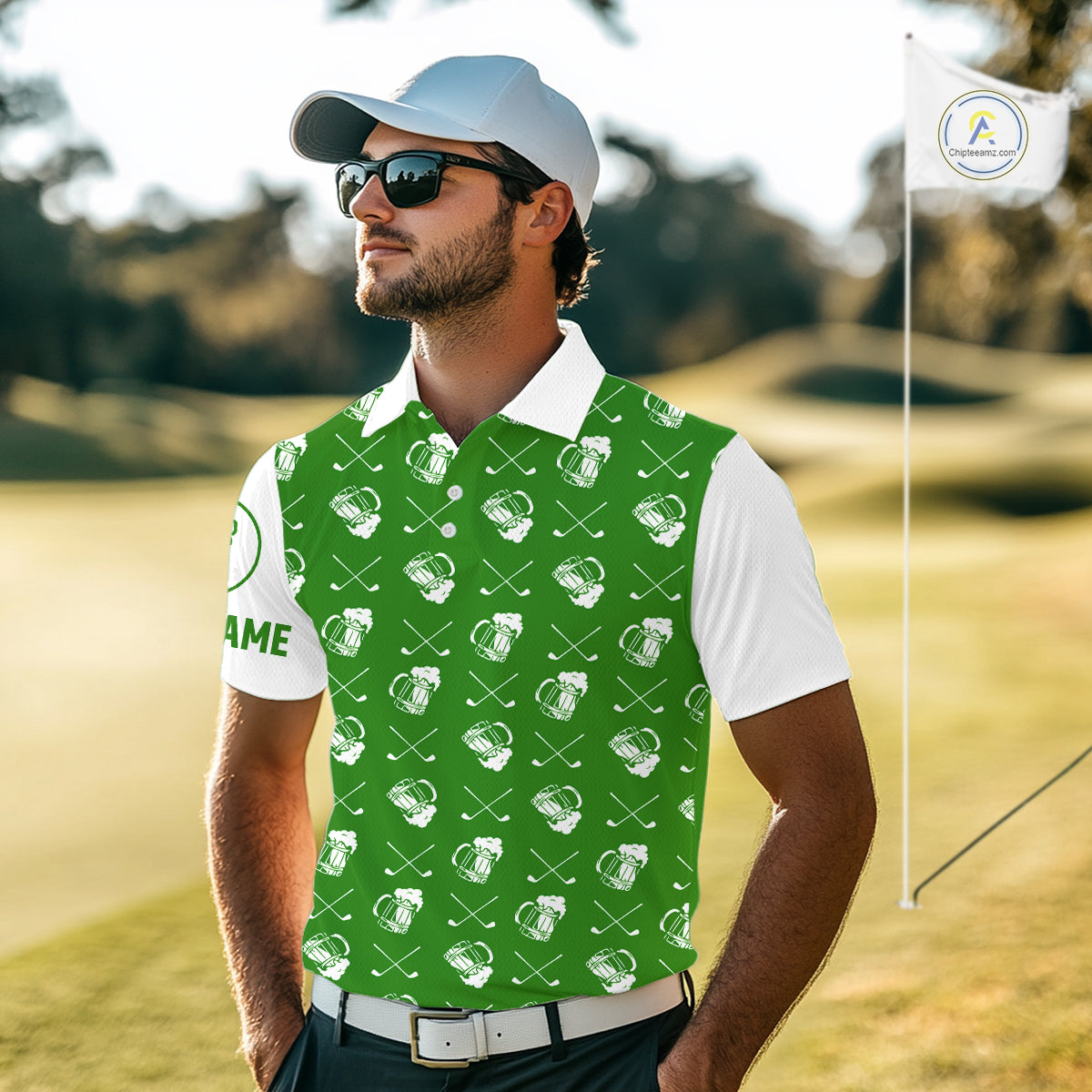 Green and white golf pattern Mens Golf polo shirts custom name golf beer outfit men golf clothes NQS9861
