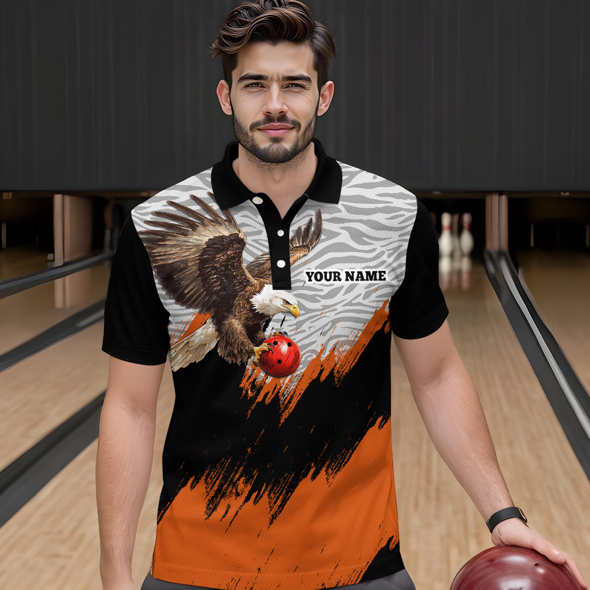 Custom Name Orange Eagle Bowling Shirt Bowling Jersey for Men Polo & 1/4 Zip Shirt Team League HNT07