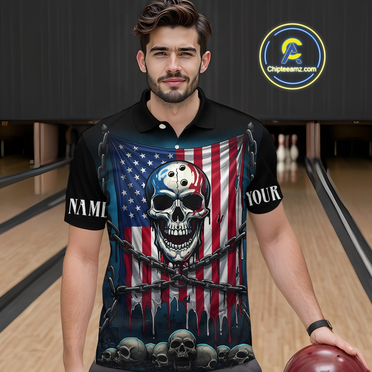 US Flag Skull Bowling Custom Men Bowling Shirt Polo & Quarter-Zip Bowling Team Shirts HNT74