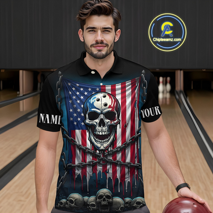 US Flag Skull Bowling Custom Men Bowling Shirt Polo & Quarter-Zip Bowling Team Shirts HNT74