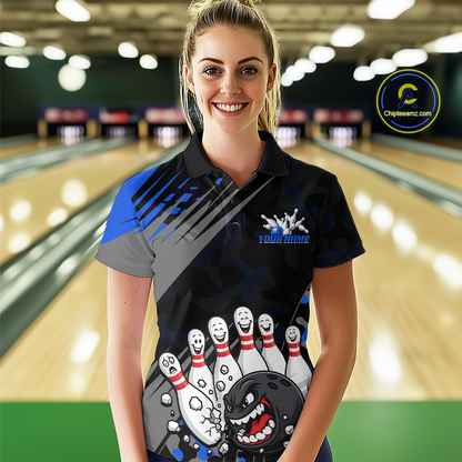 Custom Blue Funny Bowling Shirt Crazy Bowling Jersey Women Polo & 1/4 Zip Bowling Outfit QZT785