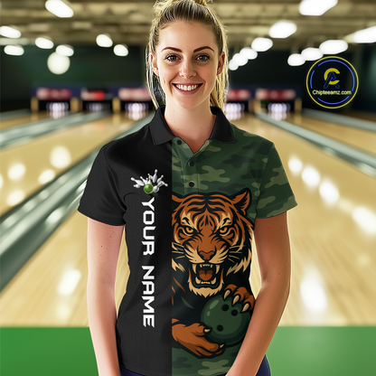 Custom Tiger Bowling Shirts for Team Women Men Camo Green Bowling Polo & 1/4 Zip Shirt MBL184