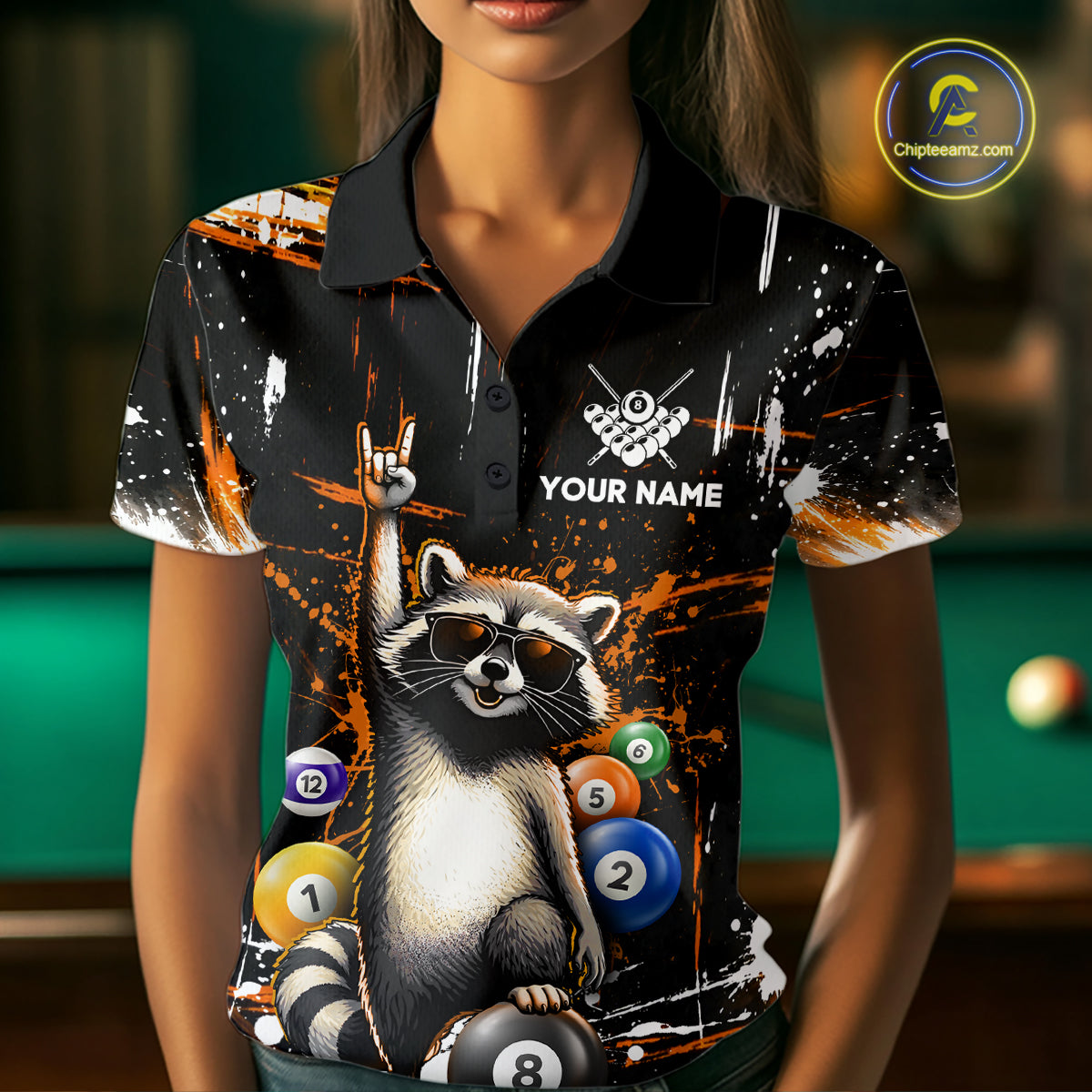 Custom Orange Funny Raccoon Billiard Shirt for Women 8 Ball Pool Billiard Jersey Polo & 1/4-Zip BHT5