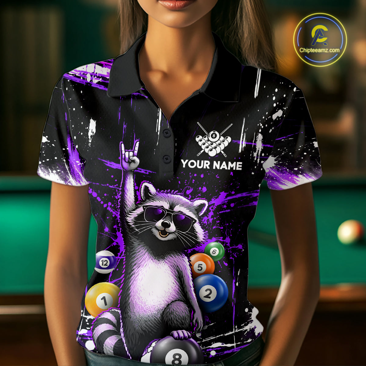 Custom Purple Funny Raccoon Billiard Shirt for Women 8 Ball Pool Billiard Jersey Polo & 1/4-Zip BHT5