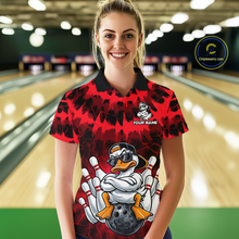 Load image into Gallery viewer, Custom Red Funny Duck Bowling Jersey for Women Bowling Uniform Polo &amp; 1/4 Zip Bowling Team Shirts HNT238