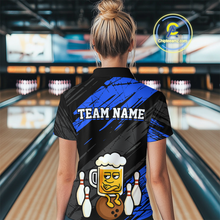 Load image into Gallery viewer, Custom Blue Funny Beer Bowling Jersey for Women Bowling Uniform Polo &amp; 1/4 Zip Bowling Team Shirts HNT107