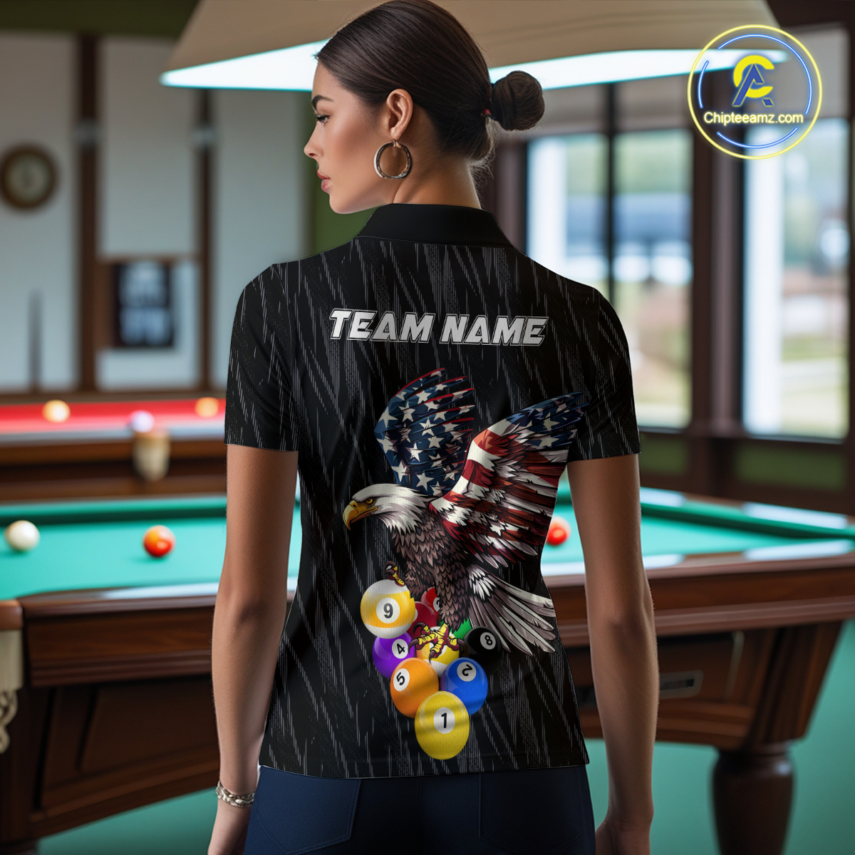 Custom 9 Ball American Flag Eagle Billiard Shirts for Women Billiard Team Shirts Billiard League NNT70