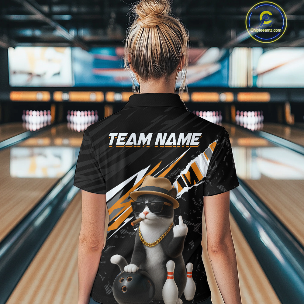 Custom Orange Funny Cat Bowling Jersey for Women Bowling Shirt Polo & 1/4 Zip Bowling Team Shirts HNT136