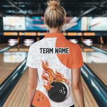 Load image into Gallery viewer, Woman wearing custom orange and white with flames design bowling polo shirt, front view mockup with team name design.