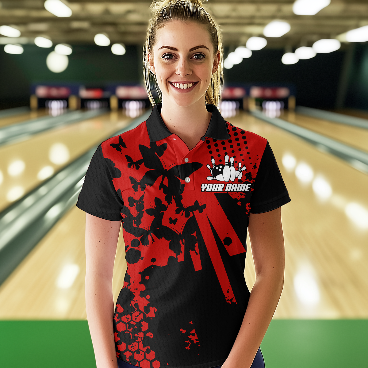 Custom Red Butterflies Bowling Shirts for Men Women Bowling Jersey Team Name MBL79